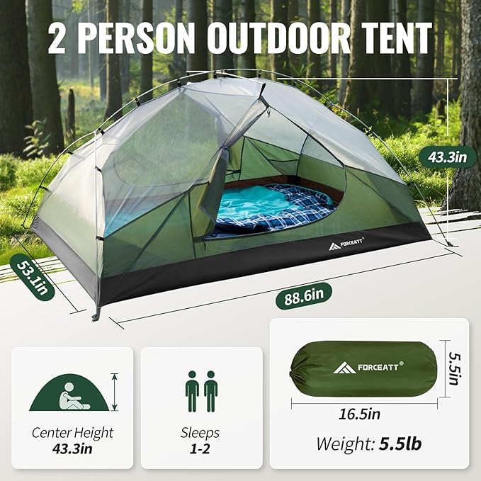 Forceatt Tent for 2 and 3 Person is Waterproof and Windproof, Camping Tent for 3 to 4 Seasons,Lightweight Aluminum Pole Backpacking Tent Can be Set Up Quickly,Great for Hiking
