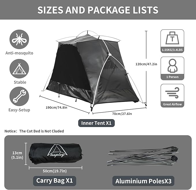TENPLAY 1-Person Cot Tent Flysheet,Must be Used with Matching Inner Tent, Lightweight,Waterproof, Sun Protection,Nylon, Easy Setup,Expandable Rainfly for Camping, Hiking, Backpacking, Picnics