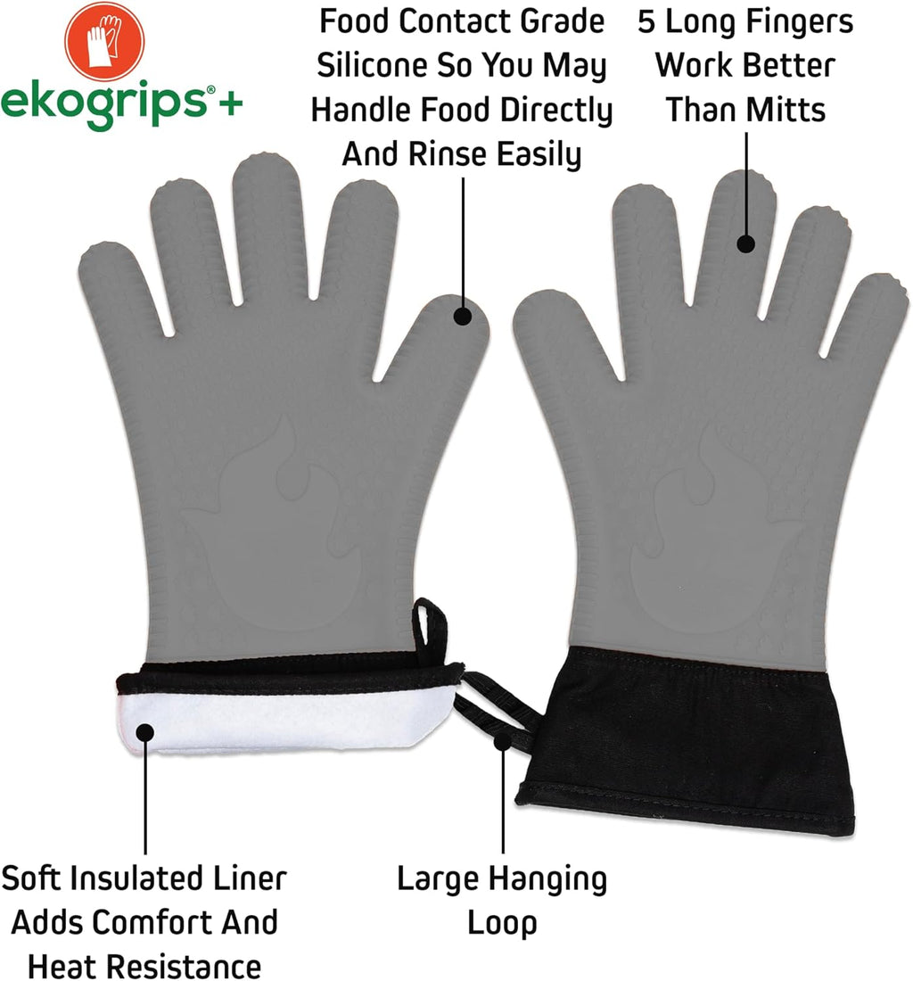 Ekogrips Plus Oven Gloves with Fingers, Comfy Waterproof Silicone Oven Mitts Heat Resistant with Long Cuff, Insulated BBQ Gloves Perfect for Grilling, Baking, Smoker, Canning, and Pizza, Grey, OSFM