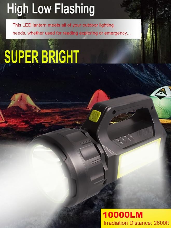 LED Searchlight LED Lantern, Solar Rechargeable Super Bright 10000LM Handheld LEDs Spotlight, Multifunctional Camping Lamp Work Lights, 7 Light Modes, Power Bank, IPX4 Waterproof, for Emergency