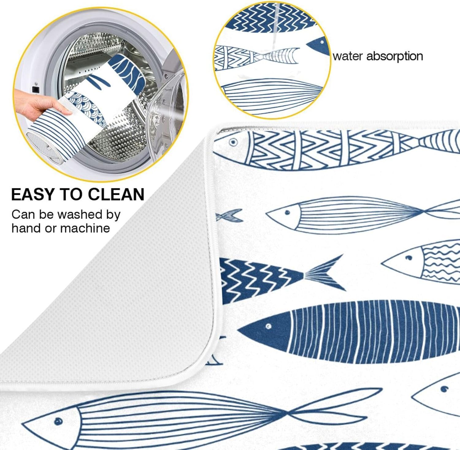 Cartoon Fish Dish Drying Mat for Kitchen Counter Absorbent Microfiber Drying Pad, Large 18x24 in, Reversible Drainer Mats
