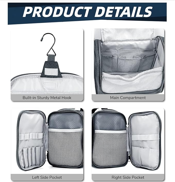 Buruis Large Capacity Toiletry Bag for Women and Men, Hanging Toiletry Organizer Cosmetics Makeup Bag, Water-resistant Dopp Kit Shaving Bags for Full Sized Toiletries, Travel Essentials (Gray)