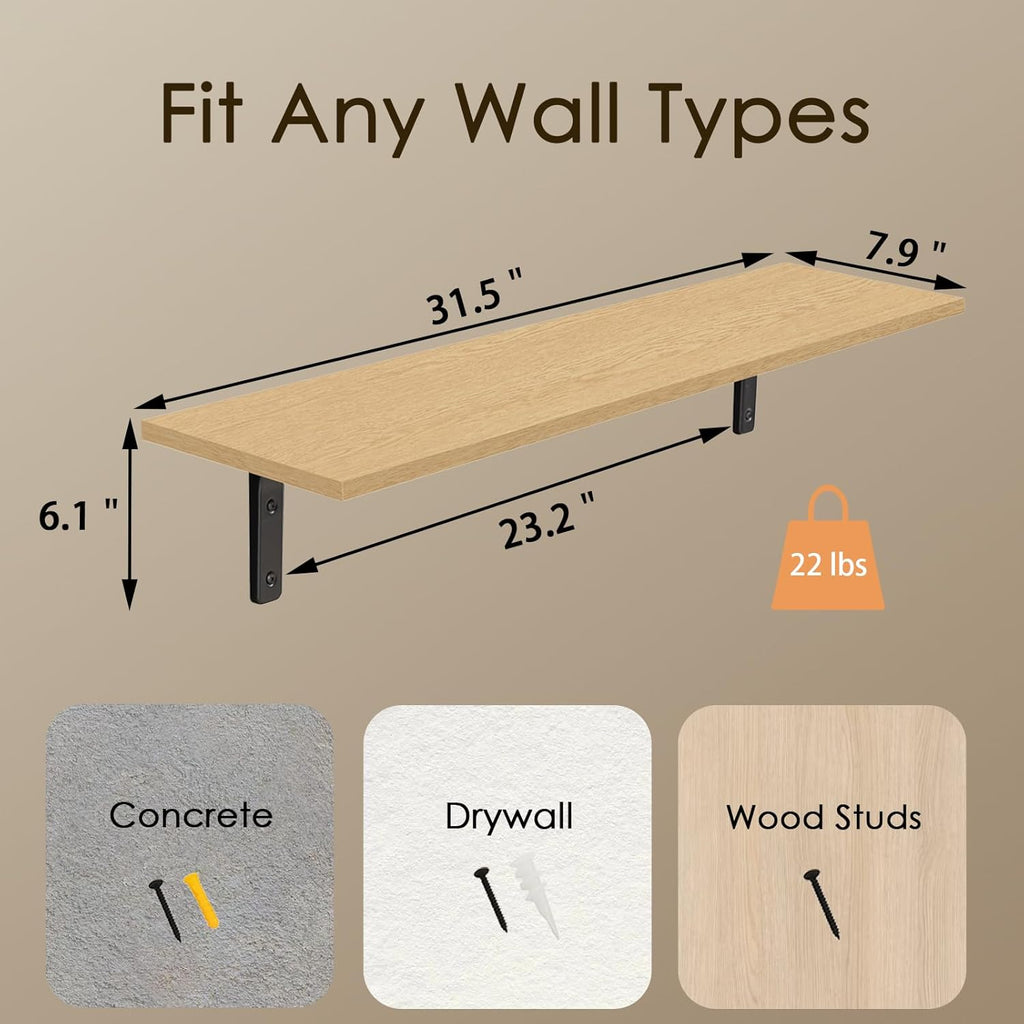 DINZI LVJ Long Wall Shelves, 31.5 Inch Wall Mounted Shelves Set of 2, Easy-to-Install, Floating Storage Ledges with Sturdy Metal Brackets for Living Room, Bathroom, Bedroom, Kitchen, Natural