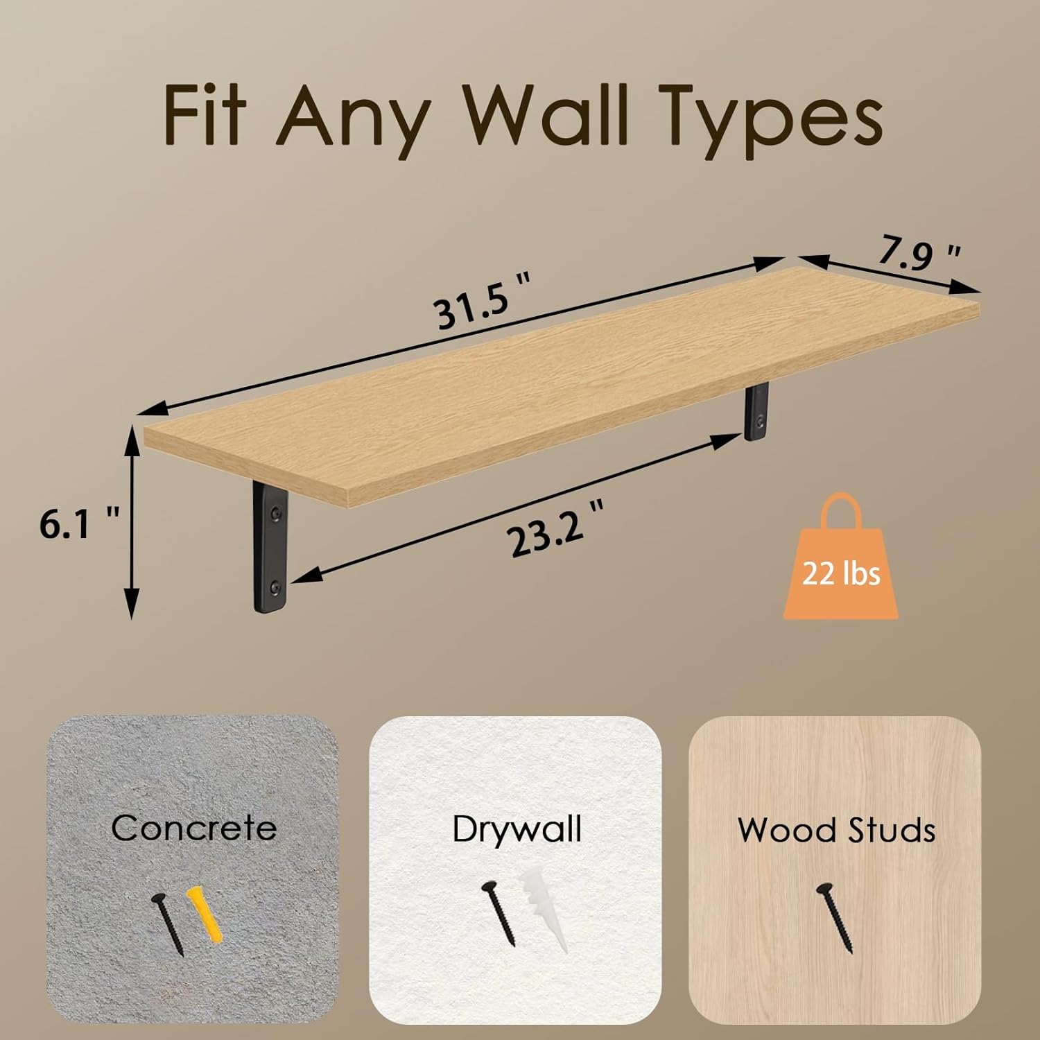 DINZI LVJ Long Wall Shelves, 31.5 Inch Wall Mounted Shelves Set of 2, Easy-to-Install, Floating Storage Ledges with Sturdy Metal Brackets for Living Room, Bathroom, Bedroom, Kitchen, Natural