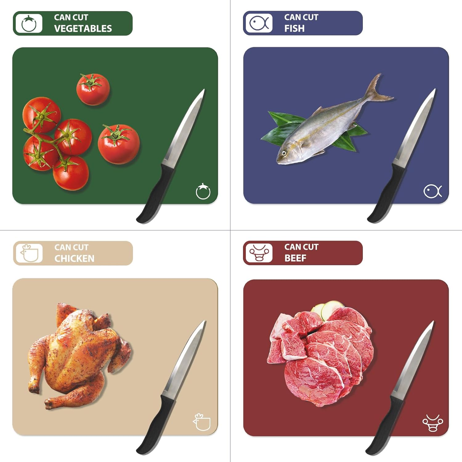 WK Plastic Flexible Cutting Boards for Kitchen Set of 4, Colored Cutting Board Mats with Food Icons, Non-Slip Cutting Mats, BPA Free, Dishwasher Safe
