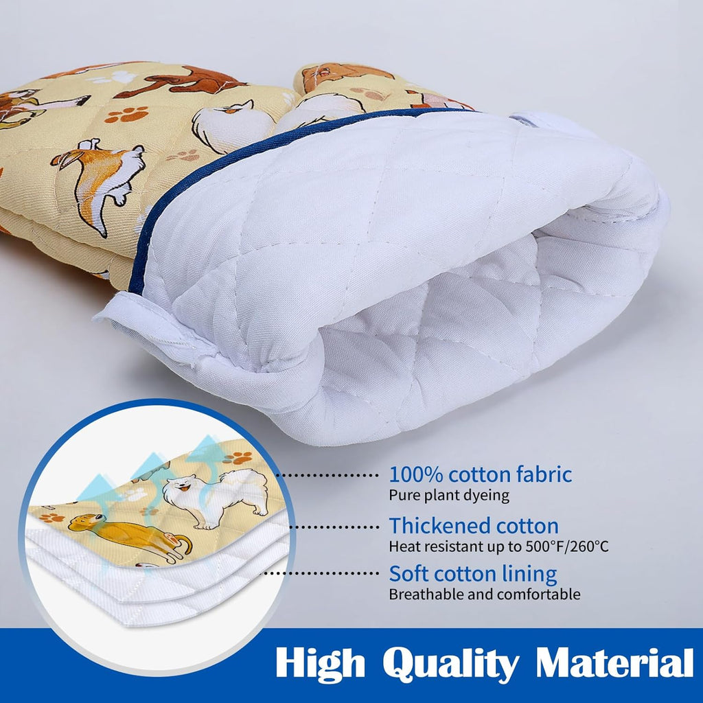 Dogs Oven Mitts and Pot Holders Sets 4Pcs, 100% Cotton Heat Resistant, Extra Long Oven Gloves Potholder for Kitchen Cooking Baking Housewarming