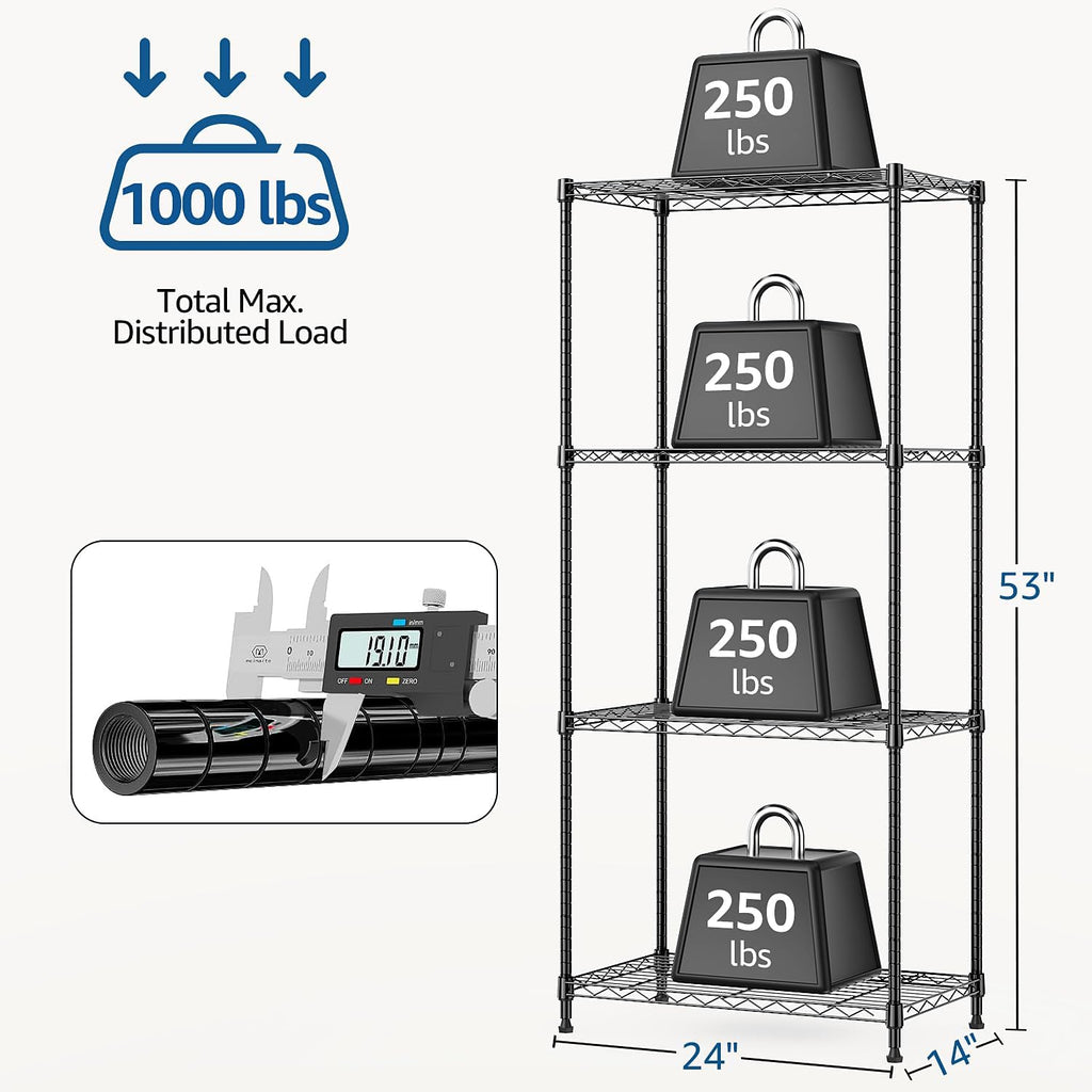 1000 lbs 4Tier Shelf Metal Storage Shelves Wire Rack Closet Organizers with Wheel for Garage Kitchen Bathroom Laundry Black 13.7" D x 23.6" W x 53.4" H