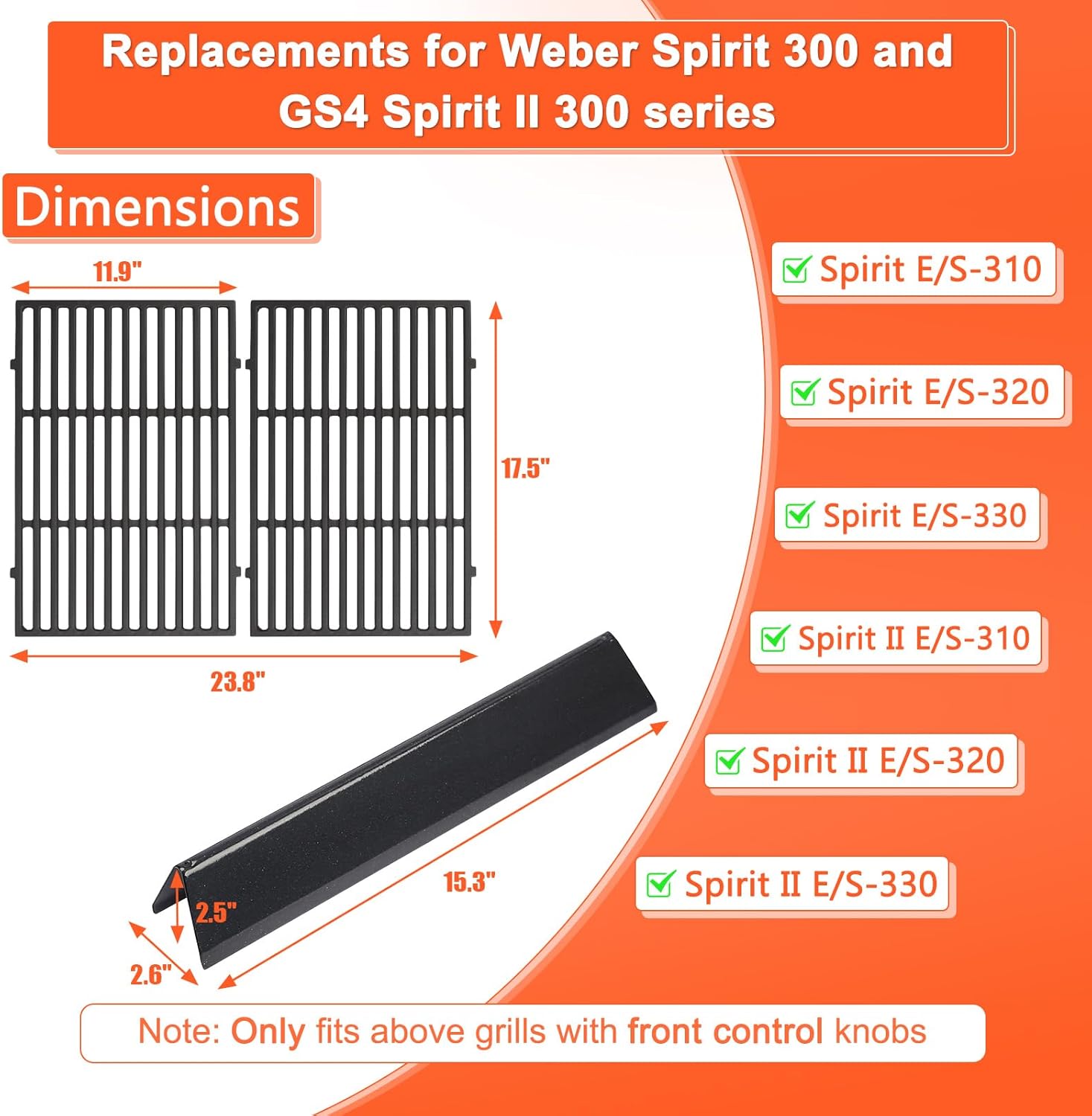 Grill Parts for Weber Spirit 300 and Spirit II 300 Series, 15.3" Flavorizer Bars & Grill Grates for Weber Spirit E-310 E-315 E-330 Series Grills with Front Control Knobs, Replace for Weber 7636 7638
