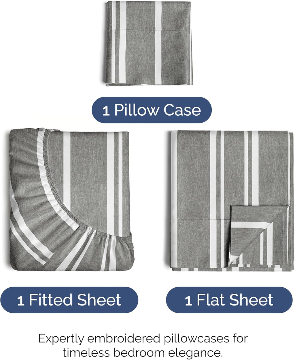 Twin XL Size 3 Piece Sheet Set - Comfy Breathable & Cooling Bed Sheets Set - Hotel Luxury Bedding for Women, Men, Kids, Teens, Boys & Girls - Deep Pockets and Wrinkle Free - Oeko-Tex - Grey Stripes 3