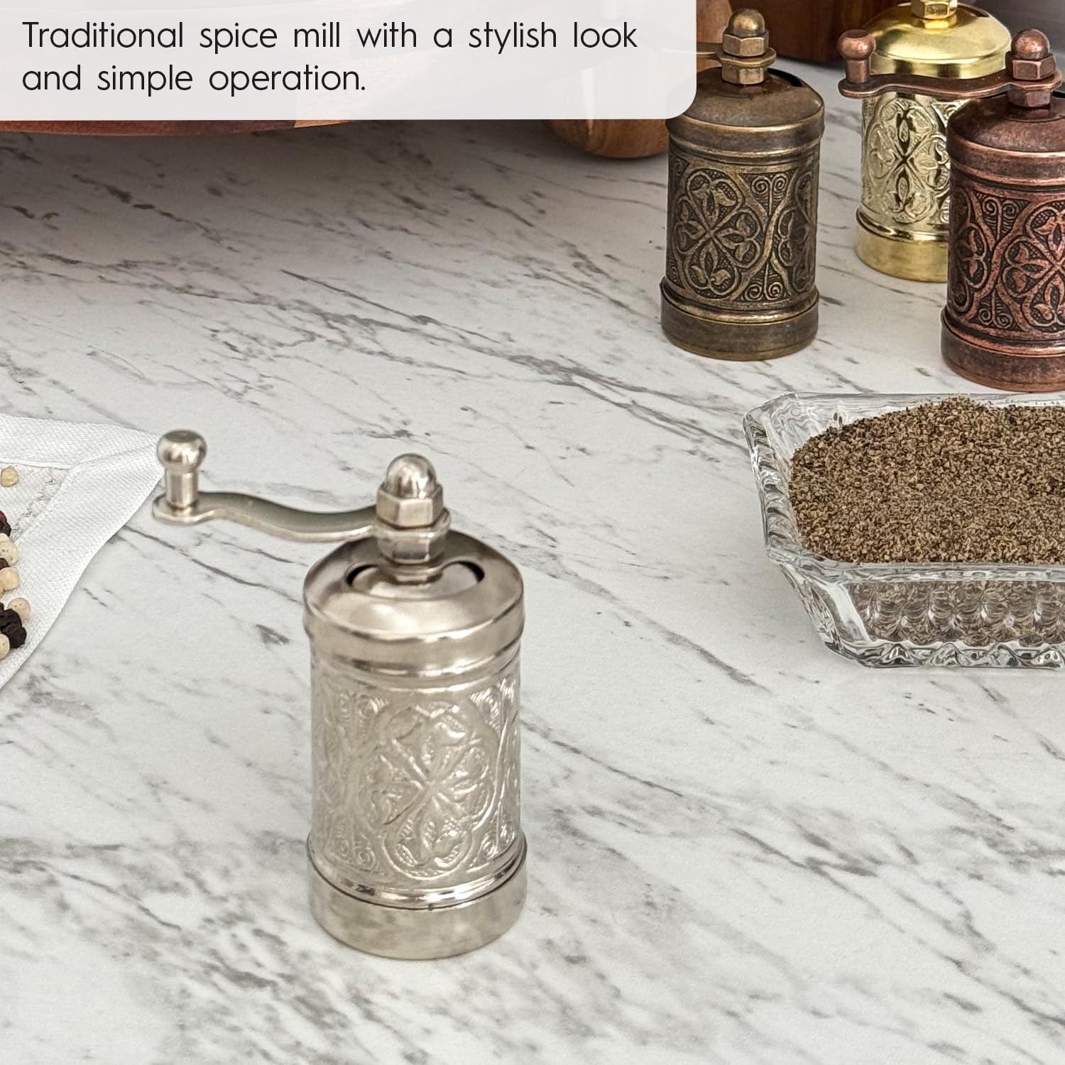 Decorative Handmade Black Pepper Grinder, Refillable Turkish Spice Mill with Adjustable Coarseness, Manual Pepper Mill with Handle, Spice Grinder with Hand Crank 8 cm-3.1 inch