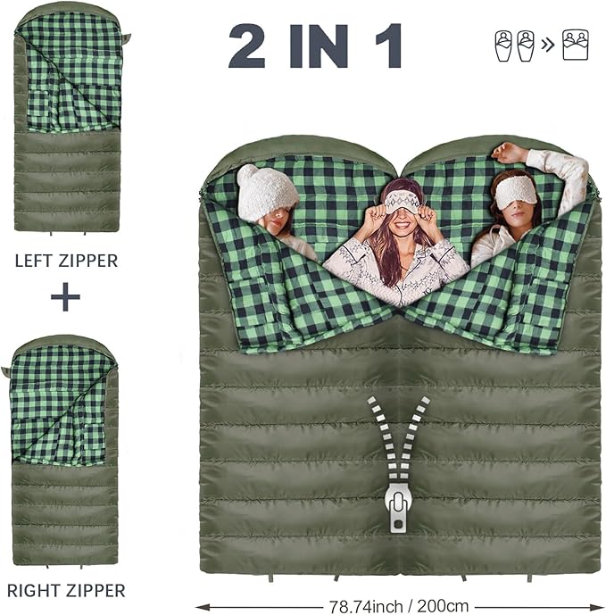 0 Degree Sleeping Bag 100% Cotton Flannel XXL Cold Weather Winter Oversized Sleeping Bag for Adults Camping Zero Degree Big and Tall with Compression Sack