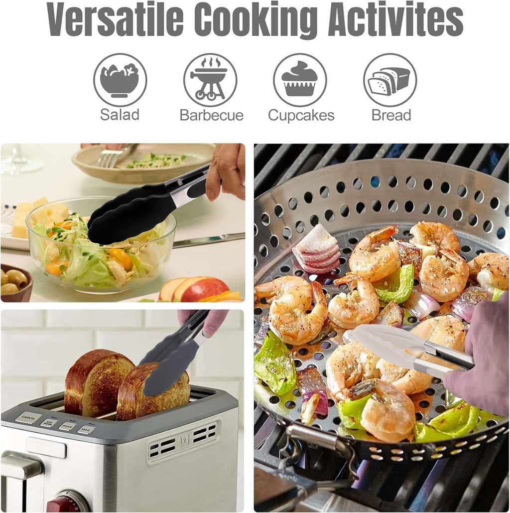 Hotec Silicone Kitchen Tongs for Cooking 9-Inch Serving Tongs with Silicone Tips, Set of 3 (Black Grey Khaki)