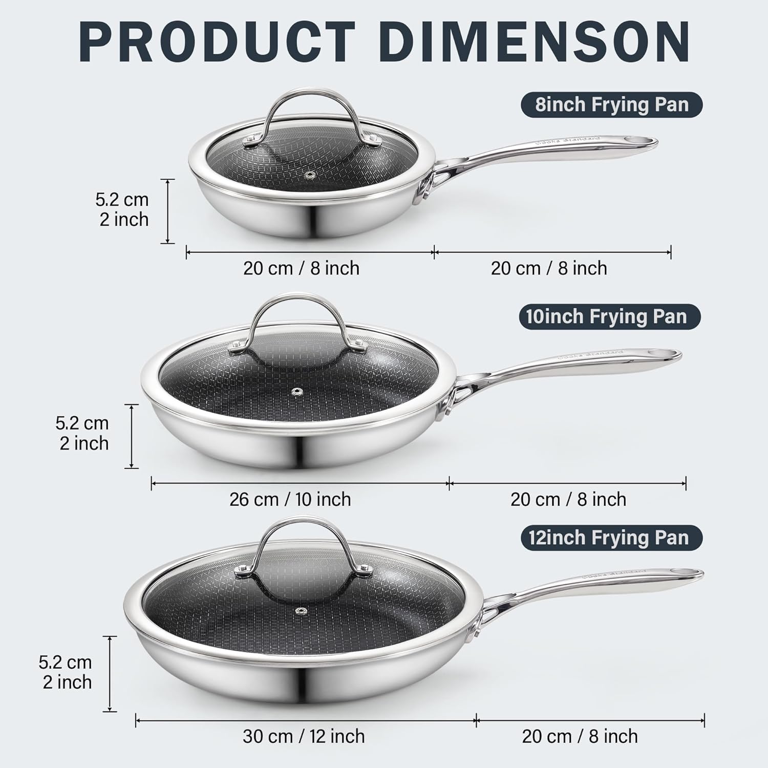 Cooks Standard Hybrid Nonstick Frying Pan Set, 8, 10 and 12-Inch Multi-Ply Clad Stainless Steel 3 Piece Skillet with Tempered Glass Lids, Oven Safe, Compatible with All Stovetops