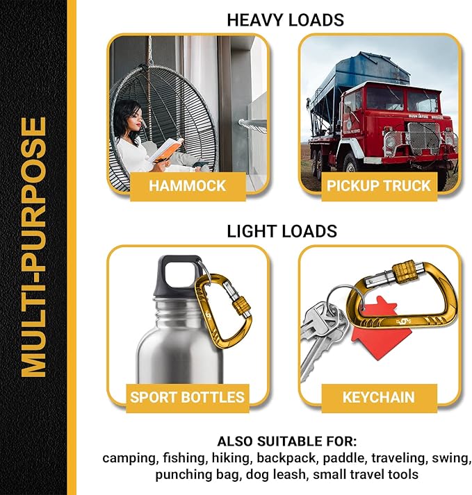 12kN (2697 lbs) Heavy Duty, Locking, Auto Locking, Wiregate Carabiner Clips, for Securing Pets, Outdoor, Camping, Hiking, Hammock, Dog Leash Harness, Keychains