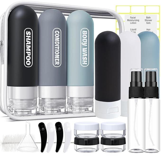 20 Pack Travel Bottles Set, TSA Approved Travel Size Toiletries Containers, Leak Proof Shampoo and Conditioner Bottles, Refillable Travel Essentials Toiletry Bottles (Dark Color)