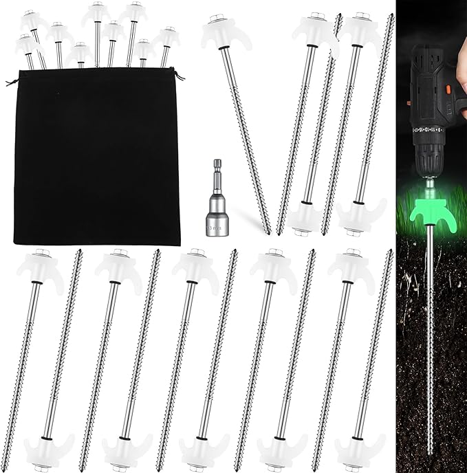 40 Pcs 8" Screw in Tent Stakes Heavy Duty Tent Stakes Drillable Ground Anchors Screw Metal Tent Pegs Threaded Tent Spikes with Head Driver for Swing Inflatable Decor (Illuminant White)