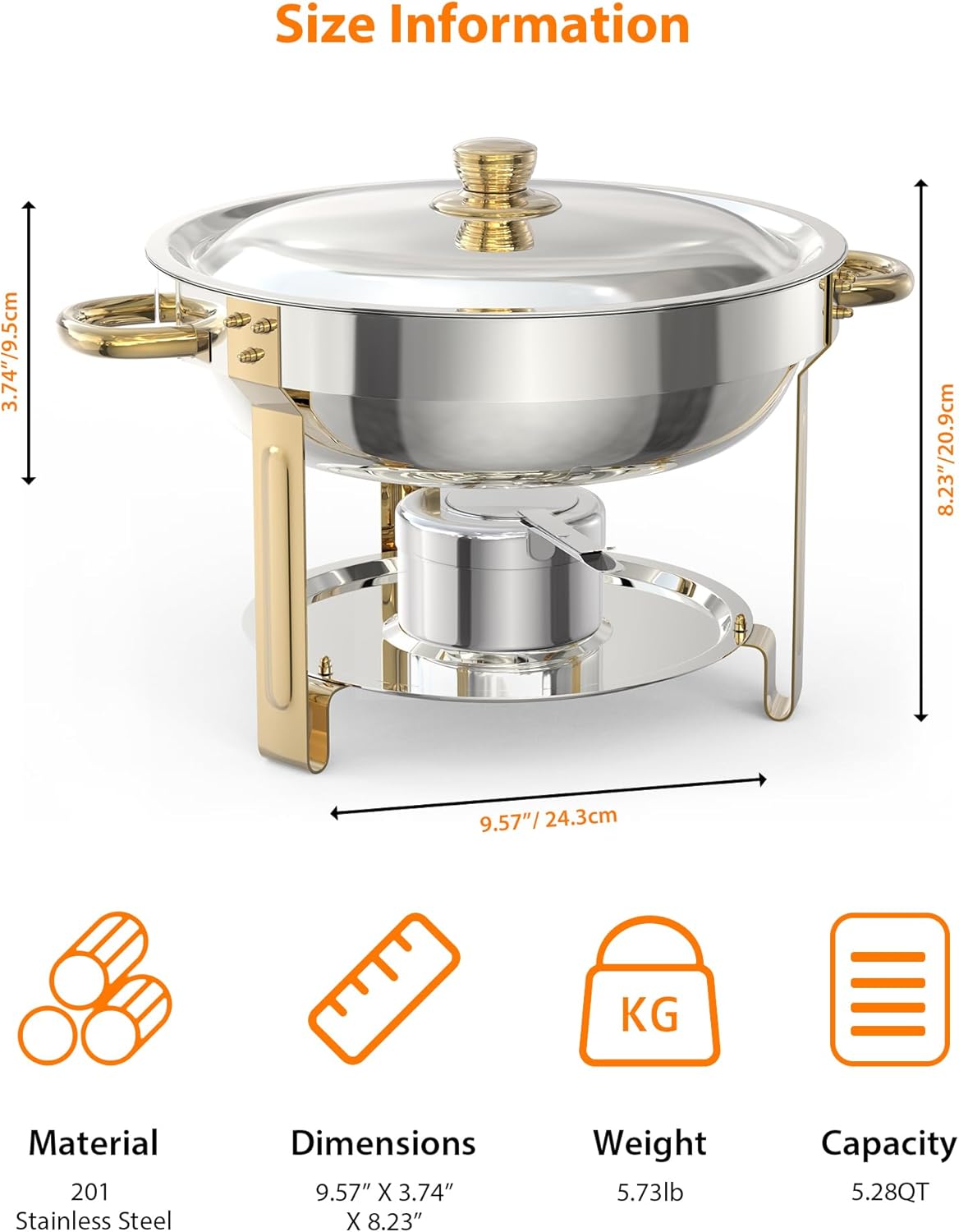 Chafing Dish for Buffet 2 Pack, 5QT Round Chafing Dishes Buffet Set w/Lid Holder, Stainless Steel Chafers and Food Warmers with Spoon and Tweezers for Parties, Weddings, Events, Banquet, Gold
