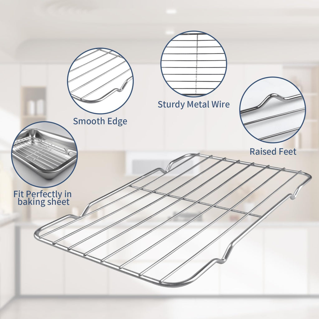 Sheet Pan with Cooling Rack Set [2 Baking Sheets + 1 Baking Rack], Stainless Steel Cookie Sheets for Baking and Wire Rack, Warp Resistant, Heavy Duty, Rust Free, Size 12.4 x 8.46 x 1.77 Inch