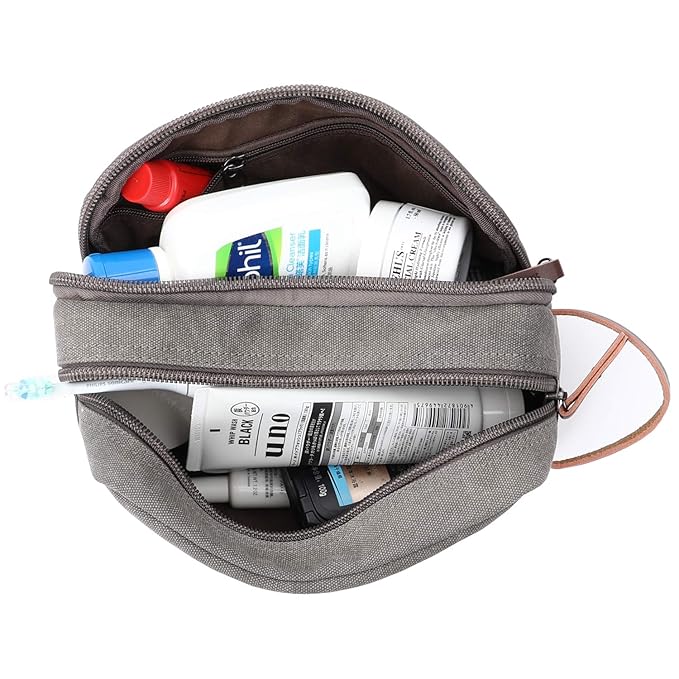 Mactso Mens Travel Toiletry Bag Canvas Leather Cosmetic Makeup Organizer Shaving Dopp Kits with Double Compartments (Gray)
