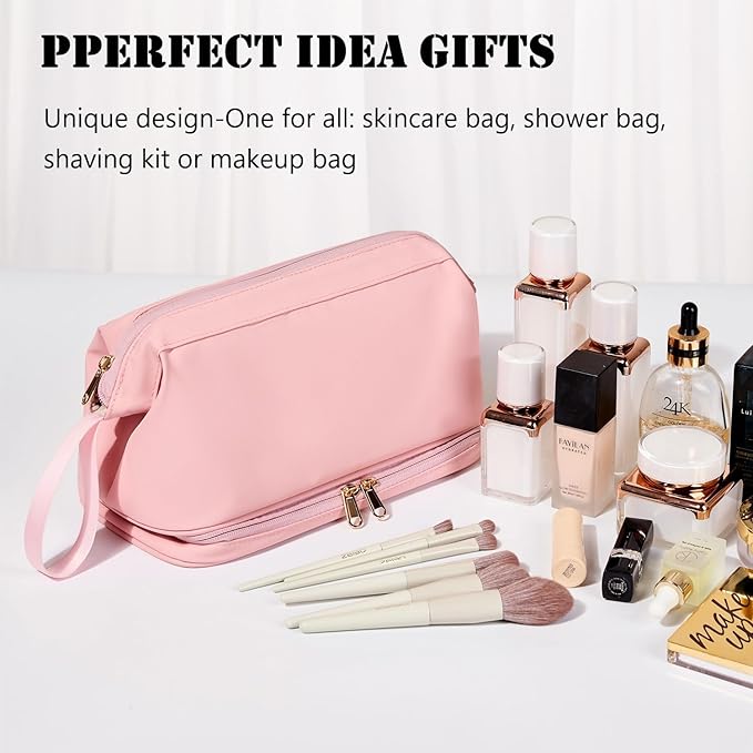 Large Travel Toiletry Bag for men women,Makeup Organizer Bag, Dopp Kit,Waterproof Hanging Cosmetic Bag for Toiletries Accessories(Pink)