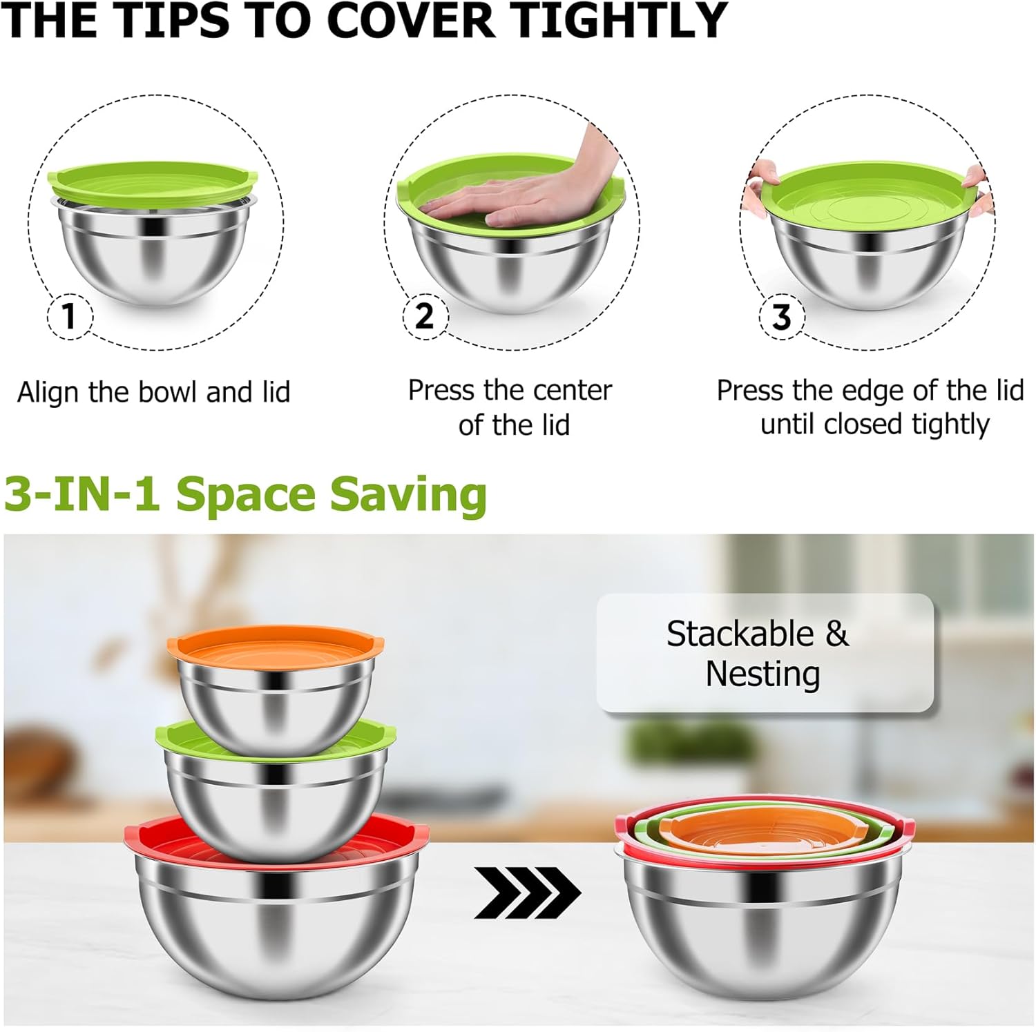 TeamFar Mixing Bowls, Stainless Steel Nesting Salad Bowls with Airtight Lids Set, For Serving/Mixing/Storing, Healthy & Long-lasting, Dishwasher Safe & Easy Clean, 4.6/3 / 1.5 QT, Colorful
