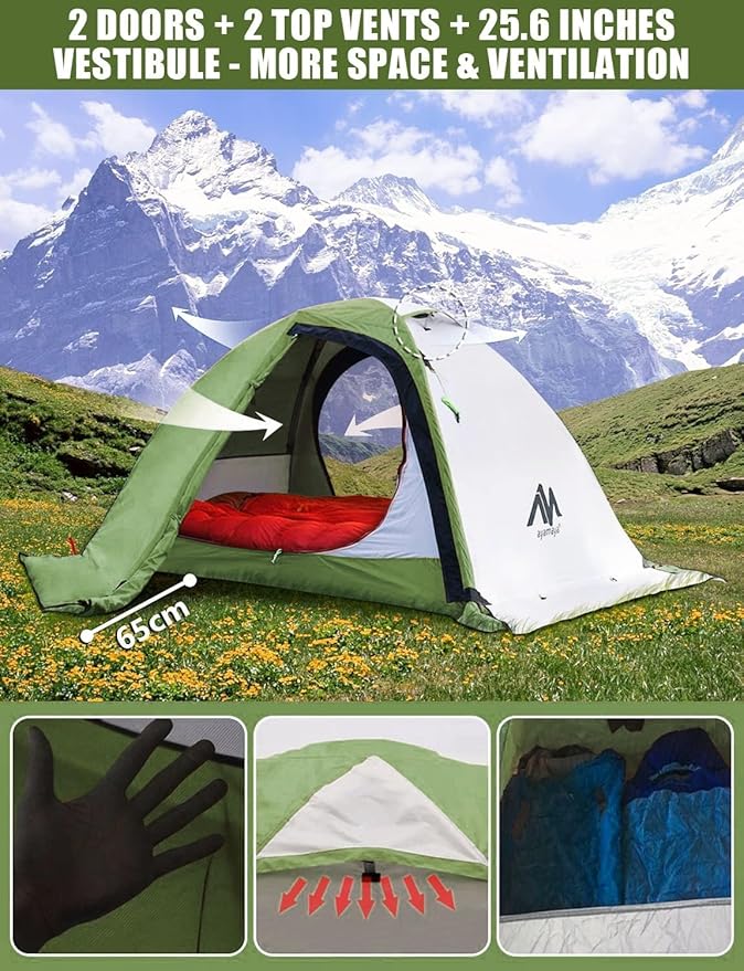 AYAMAYA 4 Season Backpacking Tent 2 Person Camping Tent Ultralight Waterproof All Weather Double Layer Two Doors Easy Setup 1 2 People Man Tents for Backpacker Outdoor Hiking Survival