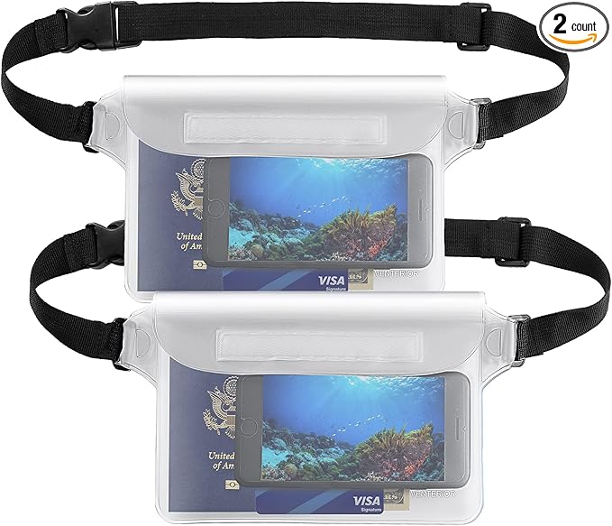 Waterproof Waist Pouch 2-Pack | Beach Accessories Fanny Pack for Swimming Snorkeling Sailing Kayaking Beach Pool Water Parks | Keep Your Phone Wallet Safe and Dry (White & Black)