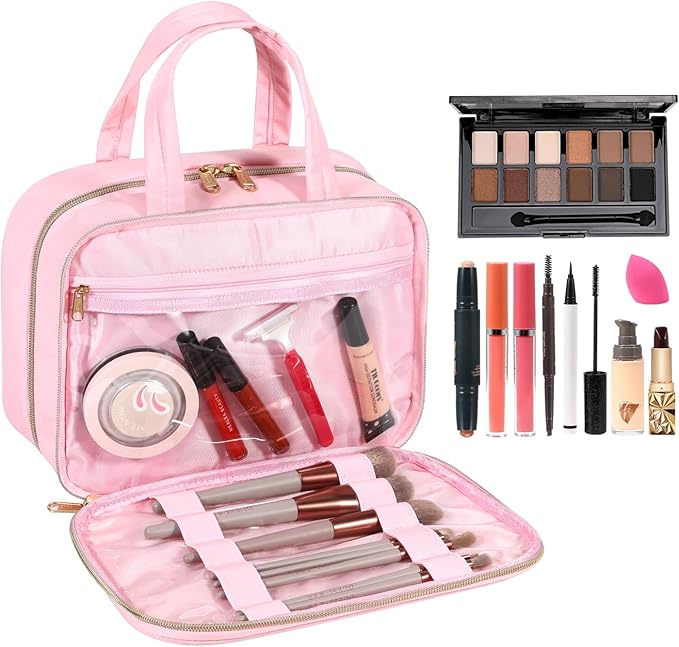 Voova Hanging Travel Toiletry Bag for Women Men, Waterproof Makeup Cosmetic Organizer Holder for Toiletries Accessories, Traveling Essentials,Shampoo,Full-Sized Container, Brushes Kit Set, Pink