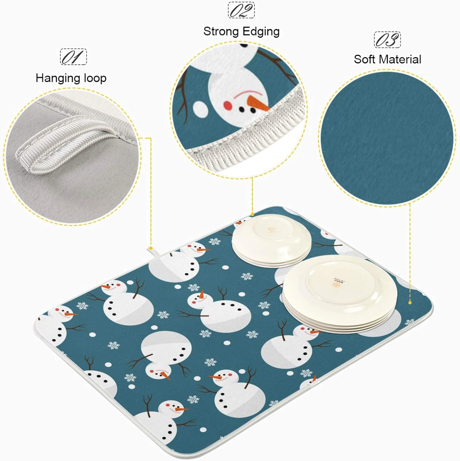 Super Absorbent Dish Drying Mat, Microfiber 23 Fast-Drying Dish Mat, 24" x 18", Kitchen Dish Drying Pad, Snowman Snowflake Cute Christmas Holidays…