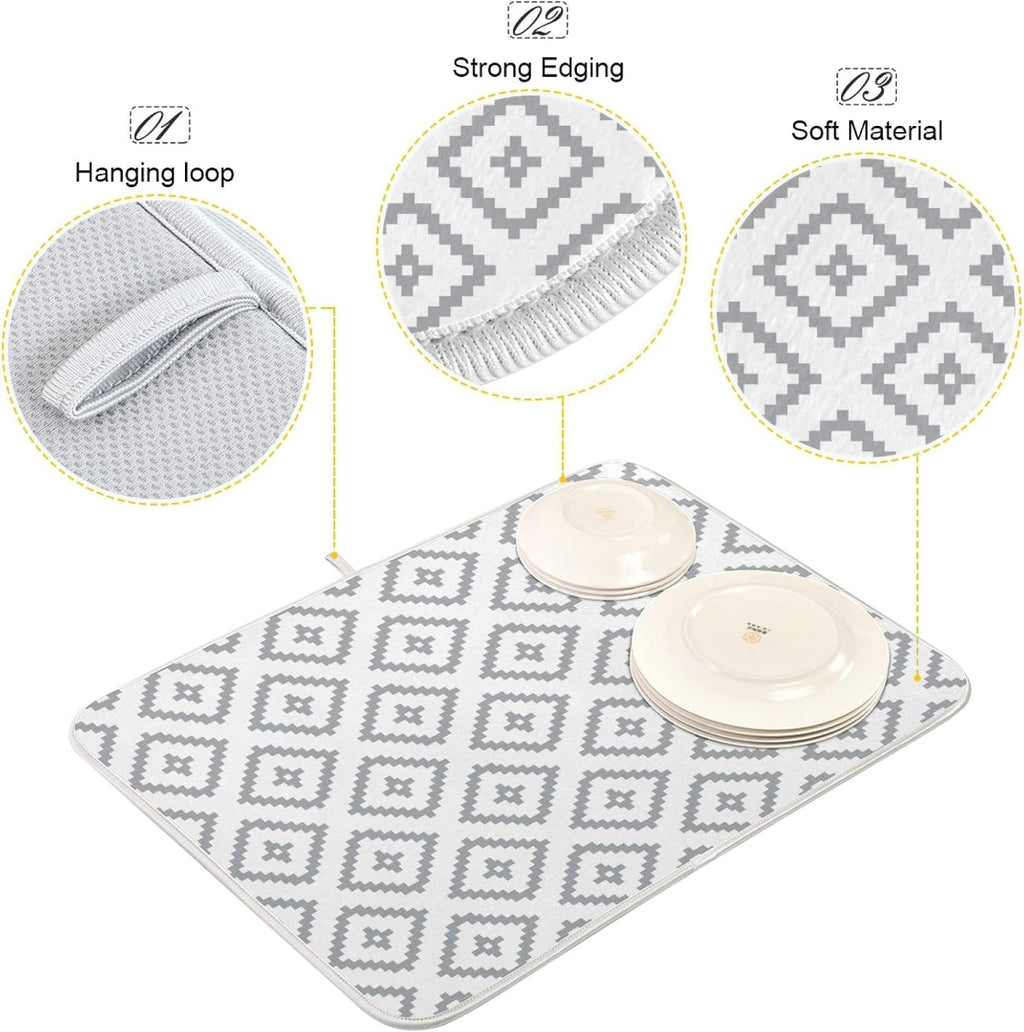 Super Absorbent Dish Drying Mat, Microfiber Fast-Drying Dish Mat, 24" x 18, Kitchen Dish Drying Pad, White Moroccan Rhombus Plaid