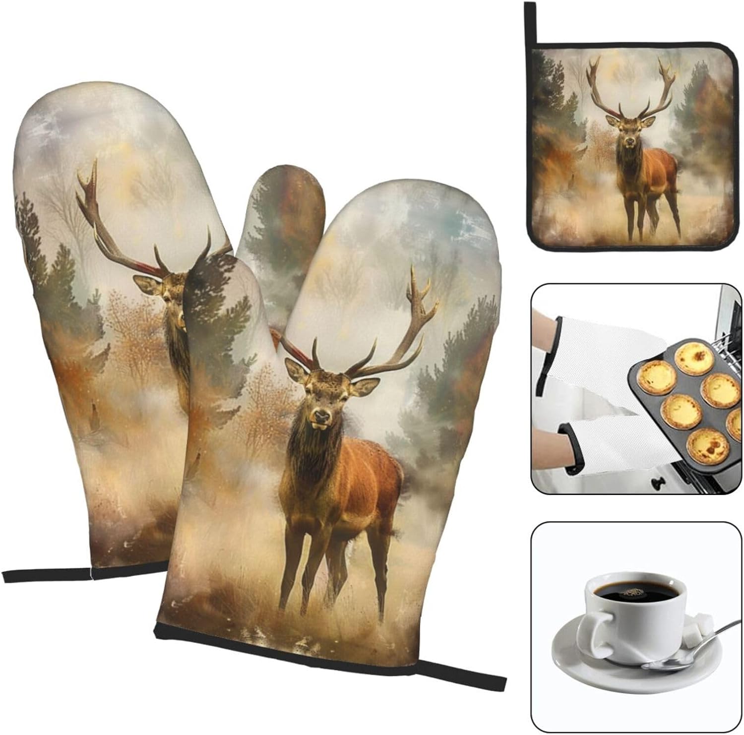 Deer Art Oven Mitts and Pot Holders Sets of 3 Heat Resistant Oven Gloves Hot Pads Non-Slip Kitchen Accessories for Baking Cooking Grilling BBQ