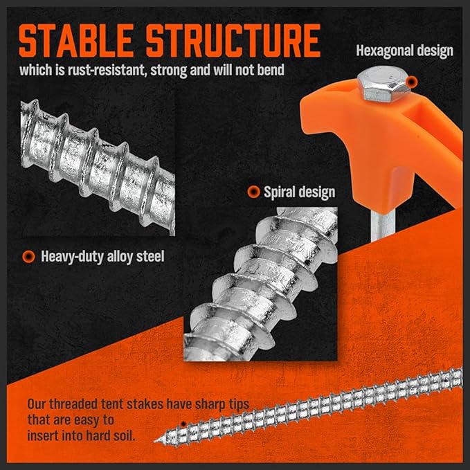 HORUSDY Tent Stakes Heavy Duty, 18-Pack 8.07 Inch Tent Stakes with with 4x13ft Rope & 1 Stopper T Pull Hook