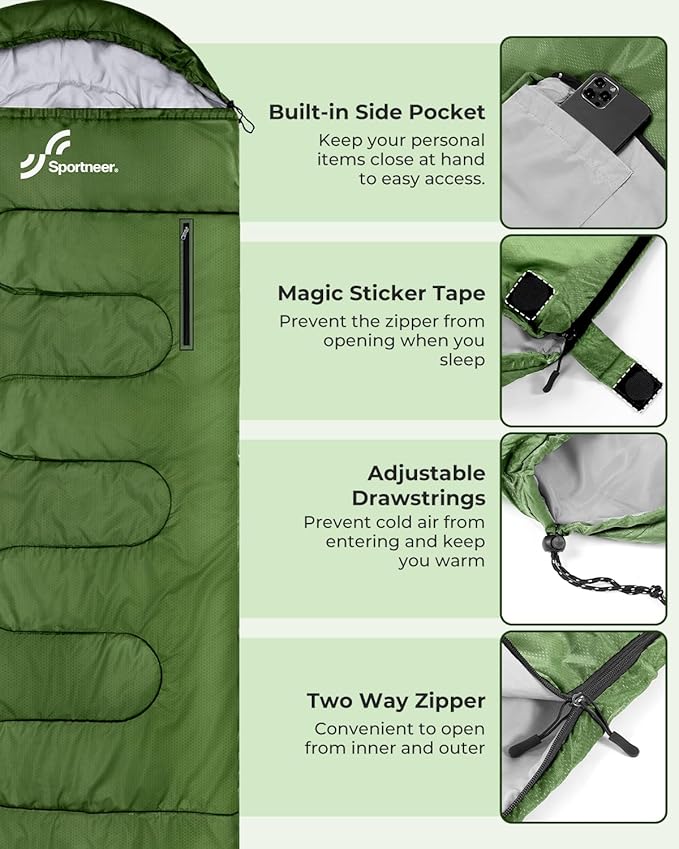 Sportneer Sleeping Bag - Wearable for Adults & Kids with Arm Zipper Holes in Cold & Warm Weather, Waterproof Portable Sleeping Bag for Camping, Hiking, Backpacking, Outdoor Travel