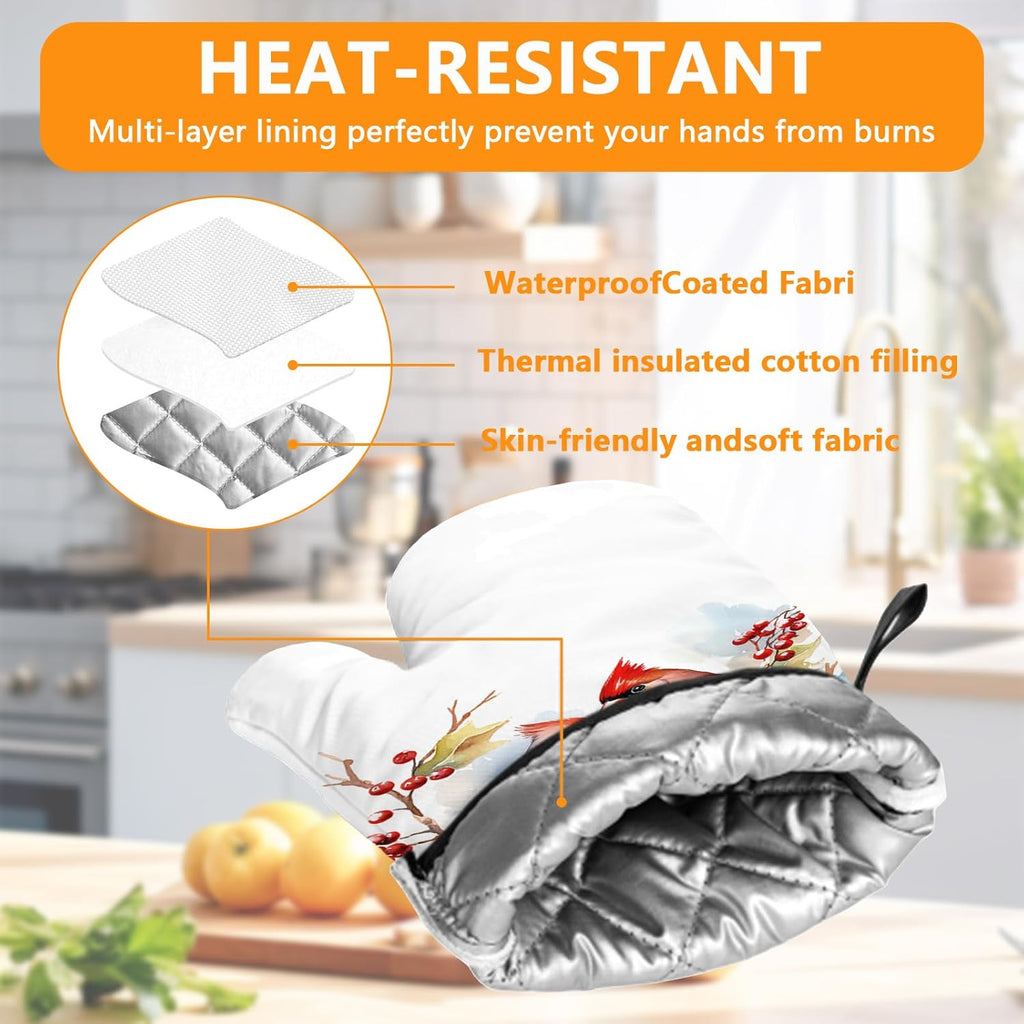 Red Cardinal Birds Oven Mitts and Pot Holders Sets 4Pcs,Extra Long Oven Gloves Potholder for Kitchen Cooking Baking BBQ 100% Cotton Heat Resistant