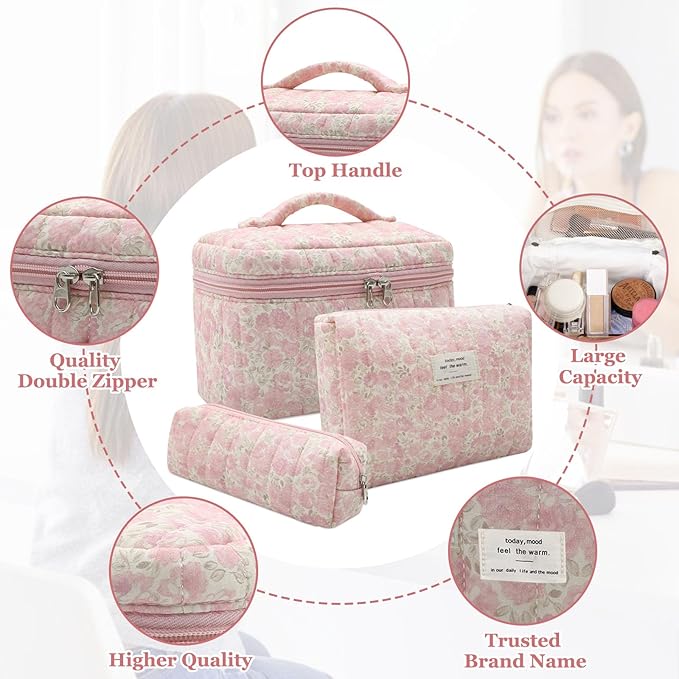 3pc Makeup Bag Set, Quilted Makeup Bag Set, Large Floral Cosmetic Bag for Women, Cute Cotton Makeup Bags, Flower Travel Toiletry Organizer Bag (Pink Crushed flower)