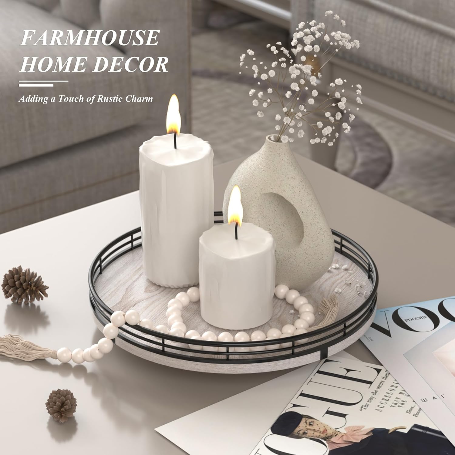 10" Oak Bathroom Vanity Tray Turntable for Perfume Candle, Round Wooden Decorative Tray for Kitchen Sink Countertop Organizer, Bathroom Counter Organizer for Skincare Makeup, Rustic White