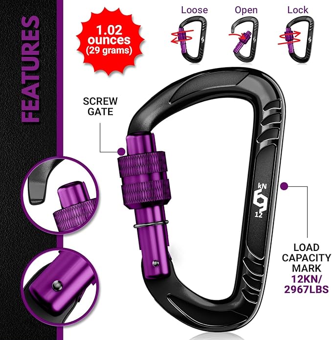 12kN (2697 lbs) Heavy Duty, Locking, Auto Locking, Wiregate Carabiner Clips, for Securing Pets, Outdoor, Camping, Hiking, Hammock, Dog Leash Harness, Keychains