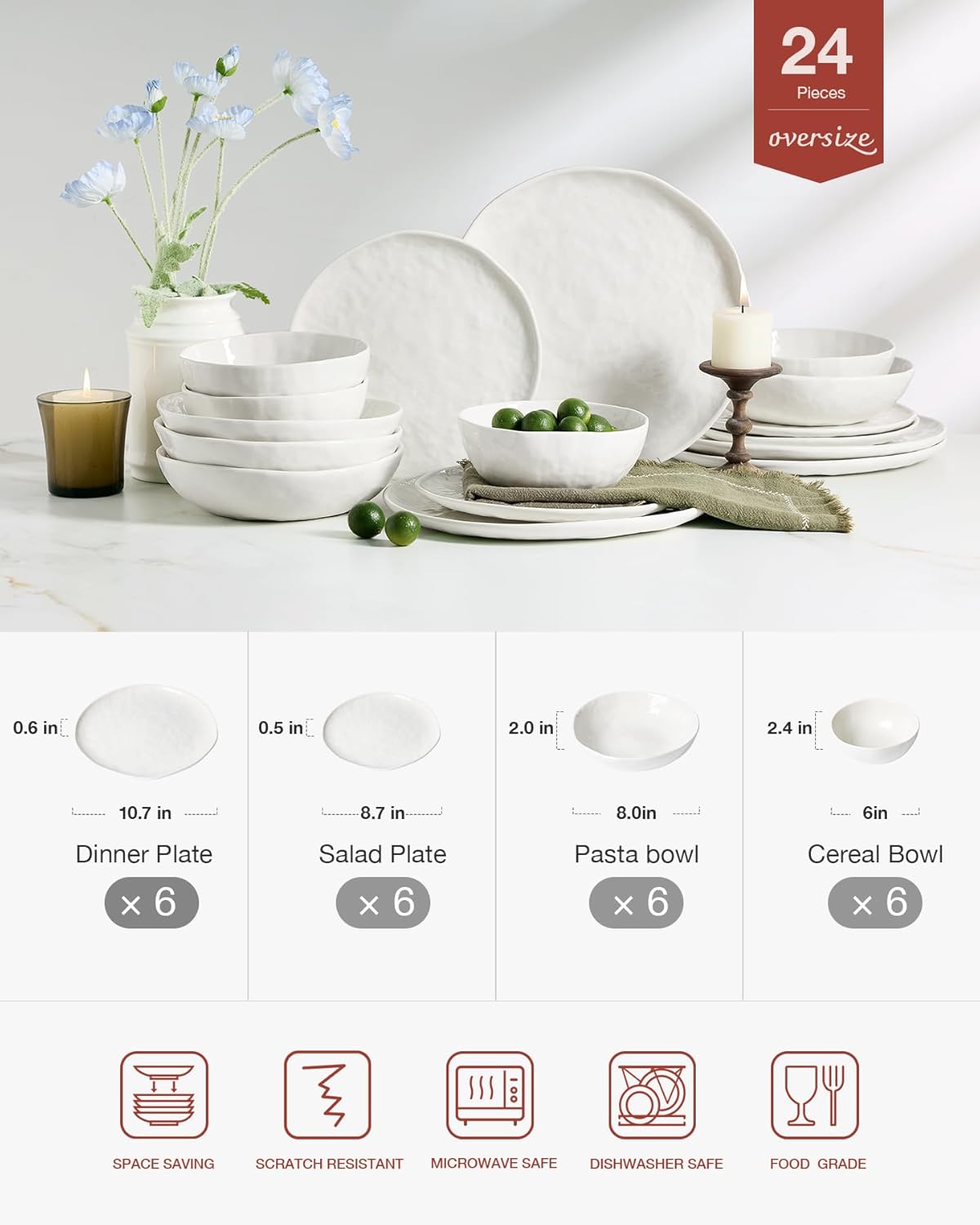 Famiware Porcelain kitchen plates and bowls set, Modern dishes set for 6, Handmade Wave Edge Dinnerware Sets, Microwave and Dishwasher Safe Tableware, Polar White (24pc)