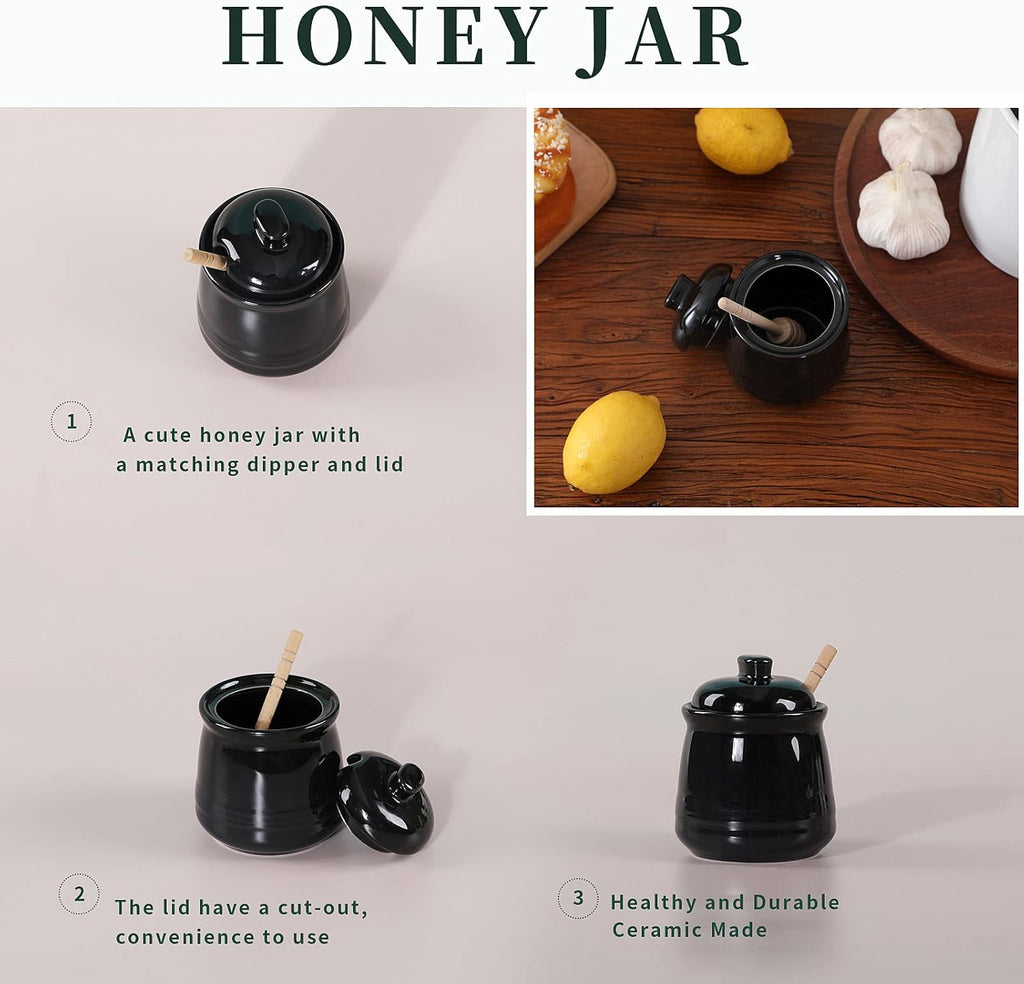 LEETOYI Ceramic Honey Jar with Lid and Dipper,Honey pot for Kitchen,12oz (Black)