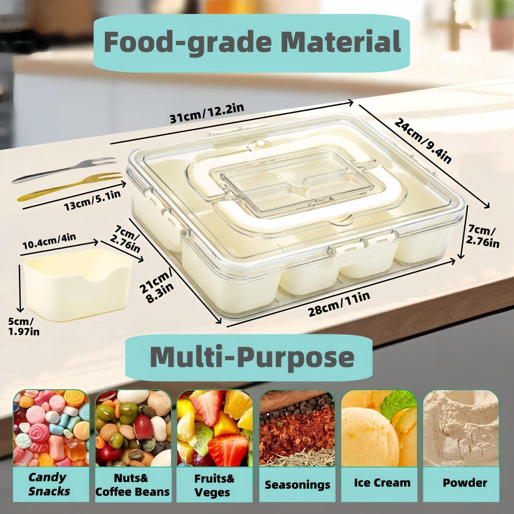 2 Pack Snackle Box Container, Divided Serving Tray with Lid & Handle, Portable Snack Box Food Organizer for Nuts,Candy,Fruits, Snack Platter with 8 Compartments&6 forks for Party, Picnic, Travel
