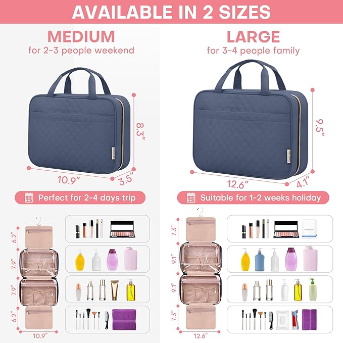 Travel Size Toiletry Bag for Women, Portable Cosmetic Bag with Hanging Hook, Travel Essentials Water-resistant Makeup Organizer for Accessories, Shampoo, Full-size Container, Toiletries