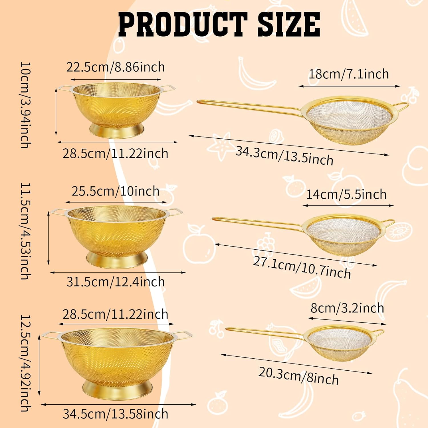3 Pcs Stainless Steel Gold Colander and 3 Pcs Fine Mesh Strainer Set,1/3/5 Quart Metal Mesh Basket with Handles for Kitchen, Draining Pasta, Rinsing Fruit, and Cooking (Gold)
