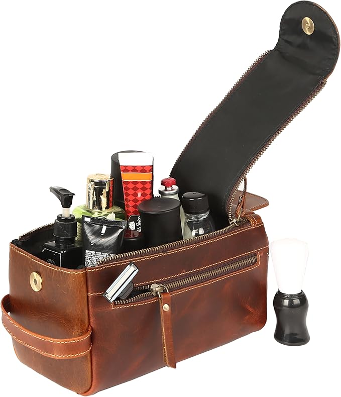 KomalC Premium Buffalo Leather Unisex Toiletry Bag Travel Dopp Kit