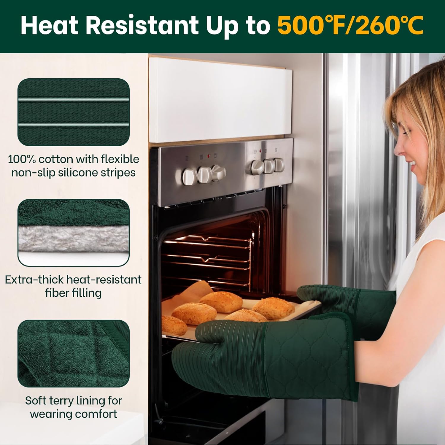 Beneno Kitchen Oven Mitts 2-Pack Heat Resistant to 500°F with Non-Slip Silicone Grip, Extra Long 14.3" Forearm Protection, Soft Quilted Cotton Terry Lining, Ideal for Cooking, Baking, Grilling, Green