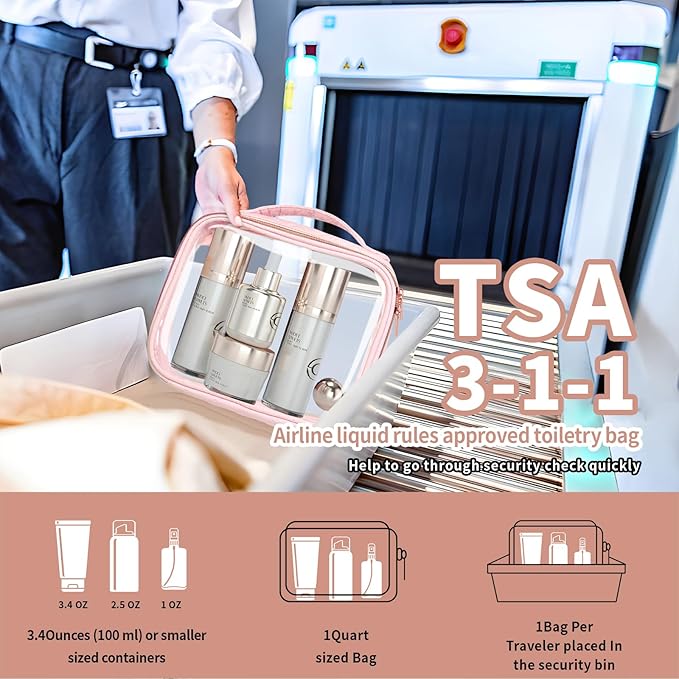 TSA Approved Travel Toiletry Bag,2 Pack Clear Makeup Bags with Handles,Quart Size Clear Cosmetic Bags for Traveling Women,Men,Carry on Airport Airline Compliant Bag,Pink