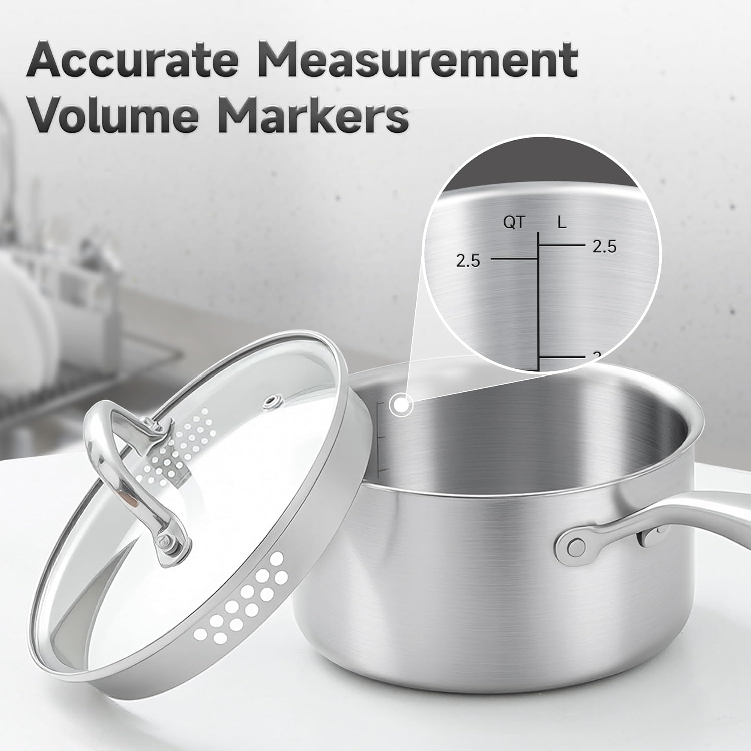 2.5 Quart Stainless Steel Saucepan with Steamer Basket, Tri-ply Full Body, Multipurpose Sauce Pot with Two-Size Drainage Holes Lid, Perfect For Boiling Gravies, Pasta, Noodles