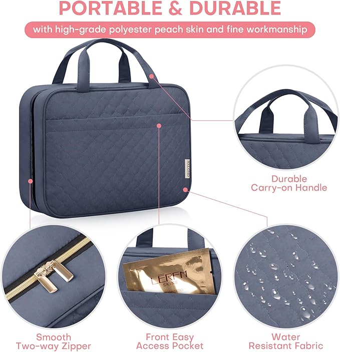 Travel Size Toiletry Bag for Women, Portable Cosmetic Bag with Hanging Hook, Travel Essentials Water-resistant Makeup Organizer for Accessories, Shampoo, Full-size Container, Toiletries