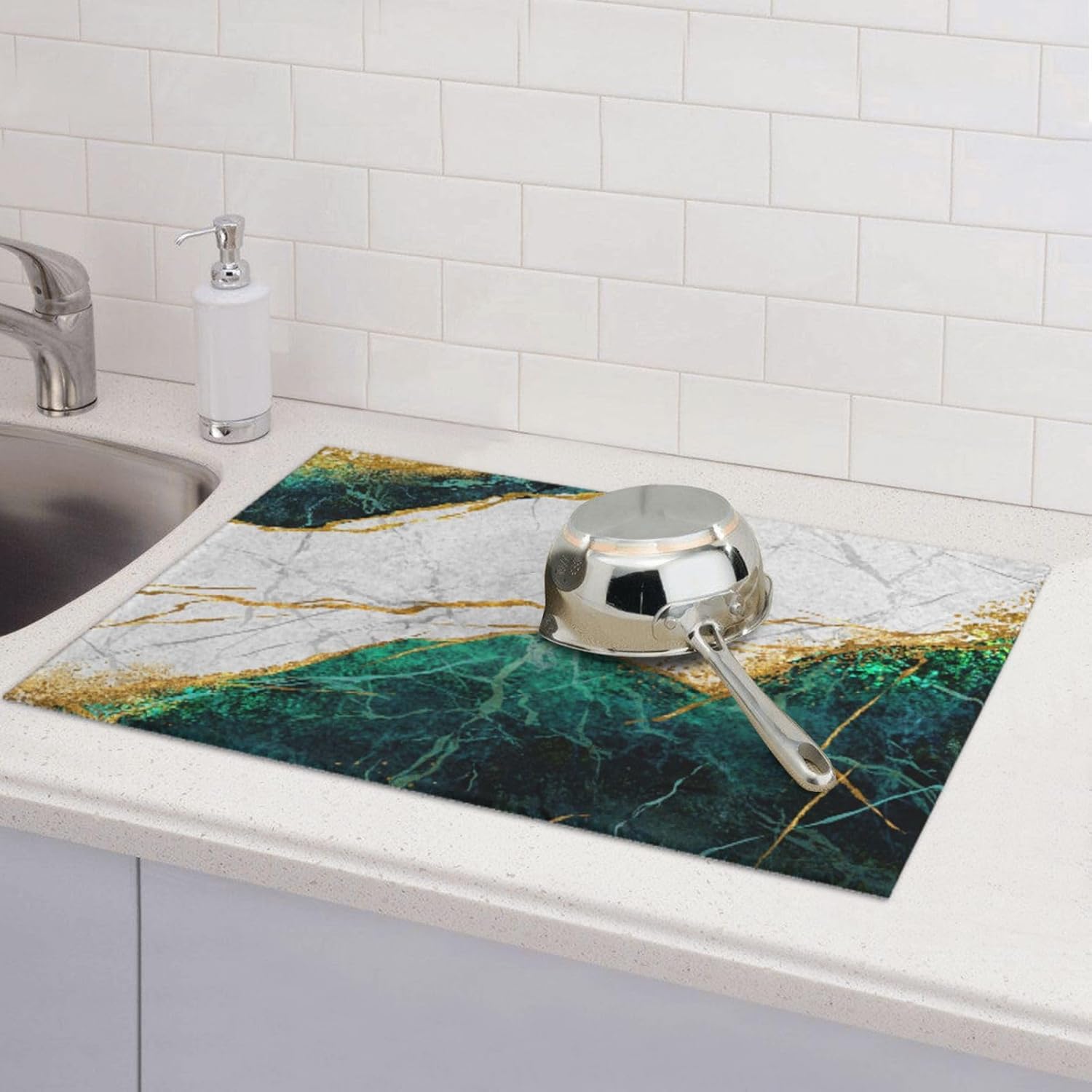 Marble Green Dish Drying Mat 18x24 for Kitchen Counter, Green White Modern Decorative Absorbent Coffee Mat Dish Drying Pad Coffee Bar Dish Drainer Rack Mat Drainer Mat