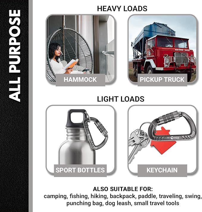 12kN (2697 lbs) Heavy Duty, Locking, Auto Locking, Wiregate Carabiner Clips, for Securing Pets, Outdoor, Camping, Hiking, Hammock, Dog Leash Harness, Keychains