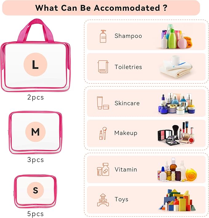 TISRATOK 10 PCS Clear Travel Makeup Toiletry Bag, Plastic PVC Cosmetic TSA Approved Organizer Kit with Zipper Handbag（Rose Red）